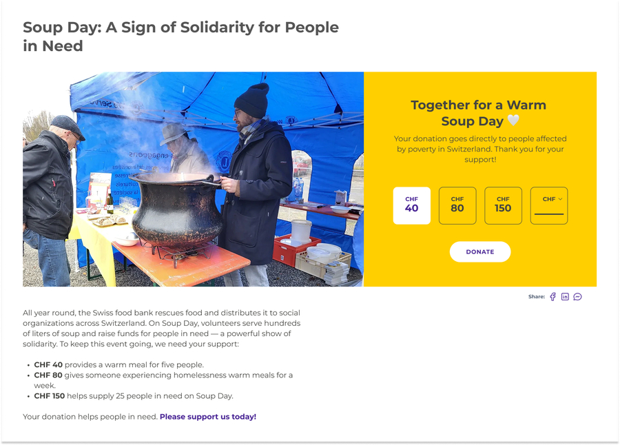Donation page example structure at Schweizer Tafel
